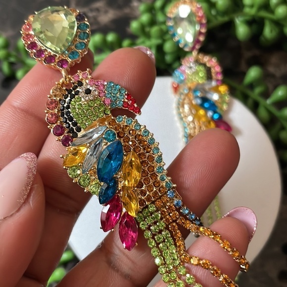 Parrot Bird Rhinestone Drop Earrings - Picture 11 of 17